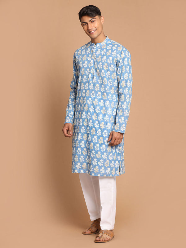 Jashvi Men's Blue Striped Sequined Kurta And White Cotton Pant set