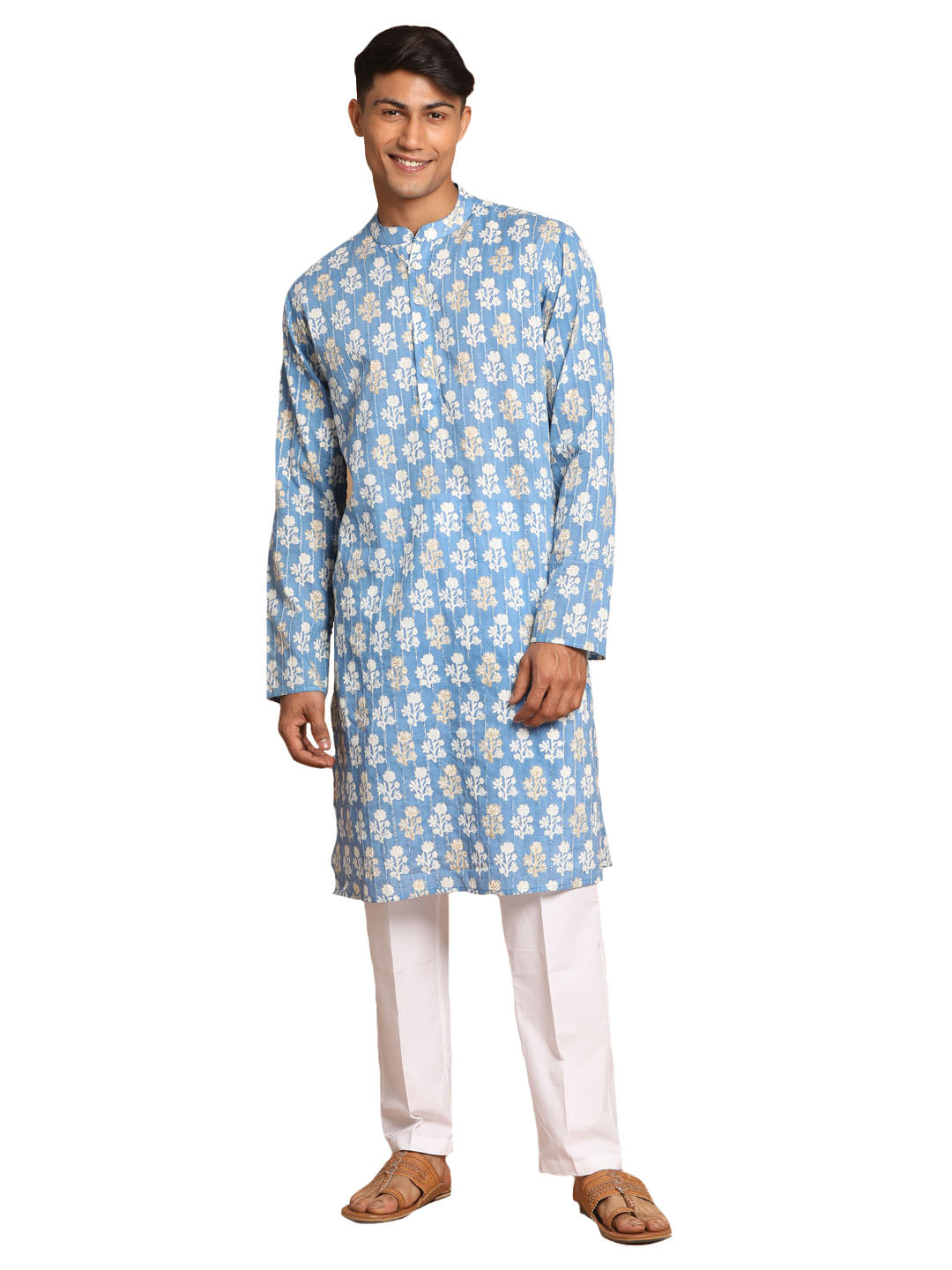 Men's Blue And White Cotton Kurta Pyjama Set - Vastramay