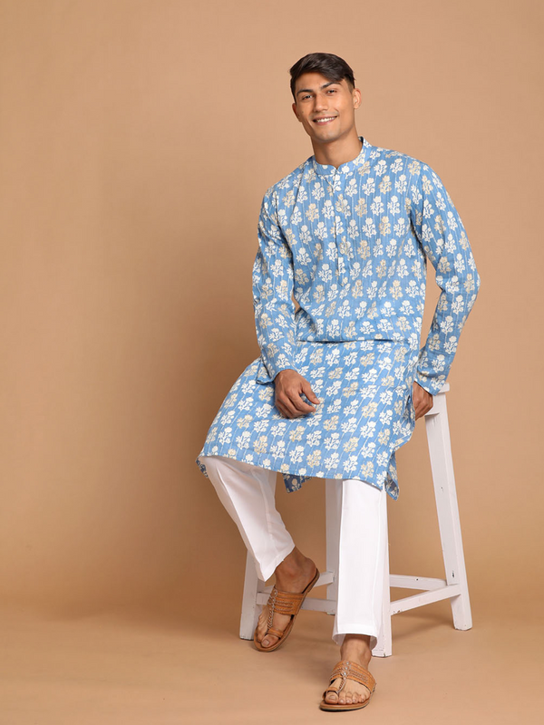 Jashvi Men's Blue Striped Sequined Kurta And White Cotton Pant set