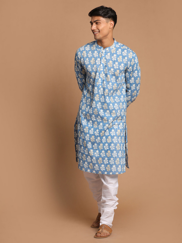 Jashvi Men's Blue Printed Pure Cotton Kurta With White Churidar