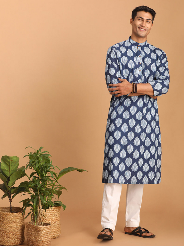 Jashvi Men's Blue Leaf Print cotton Kurta With White Pant Style pyjama Set