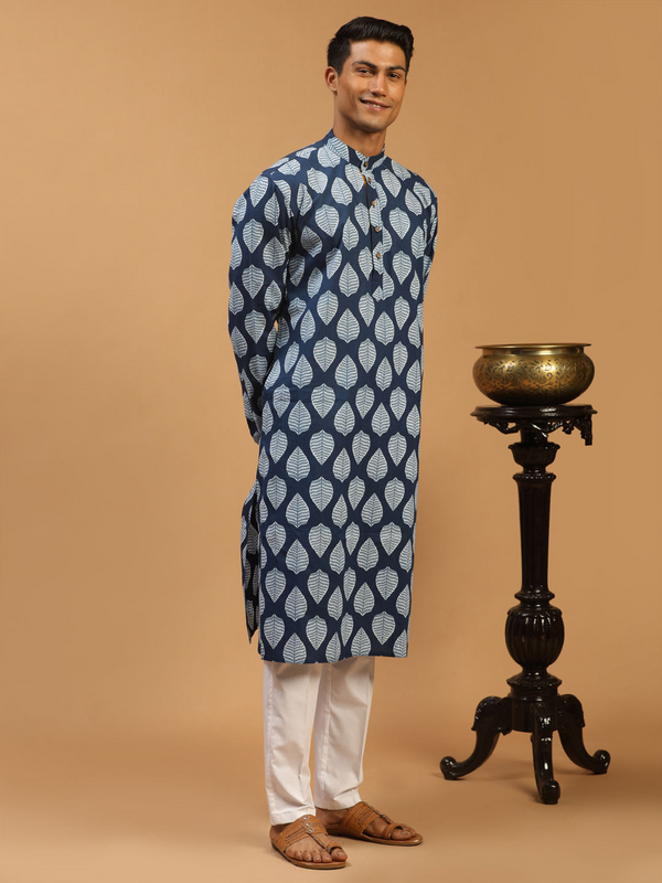 Jashvi Men's Blue Leaf Print cotton Kurta With White Pant Style pyjama Set