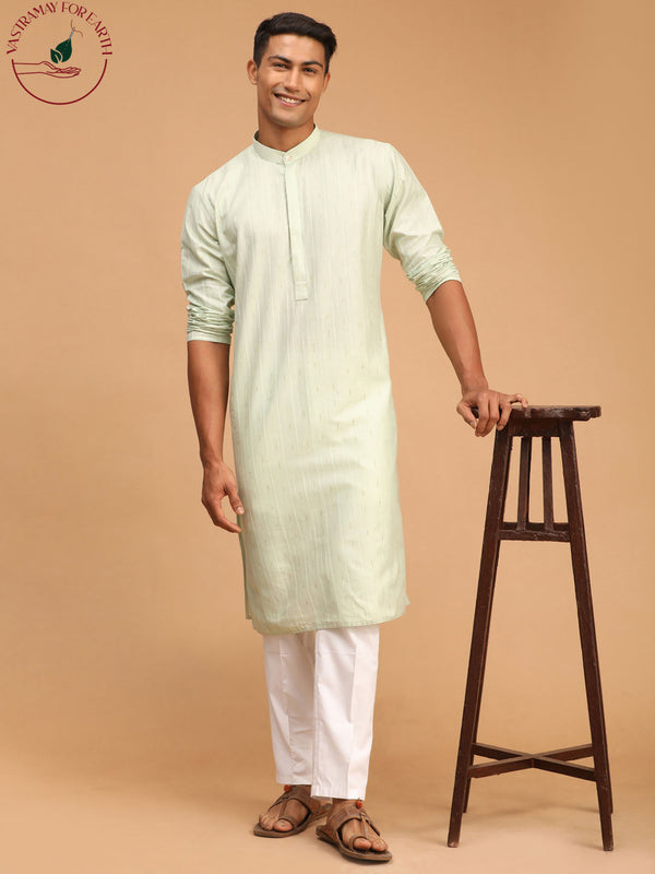 Jashvi Men's Light Green Striped cotton Kurta And White Cotton Pant Style Pyjama Set