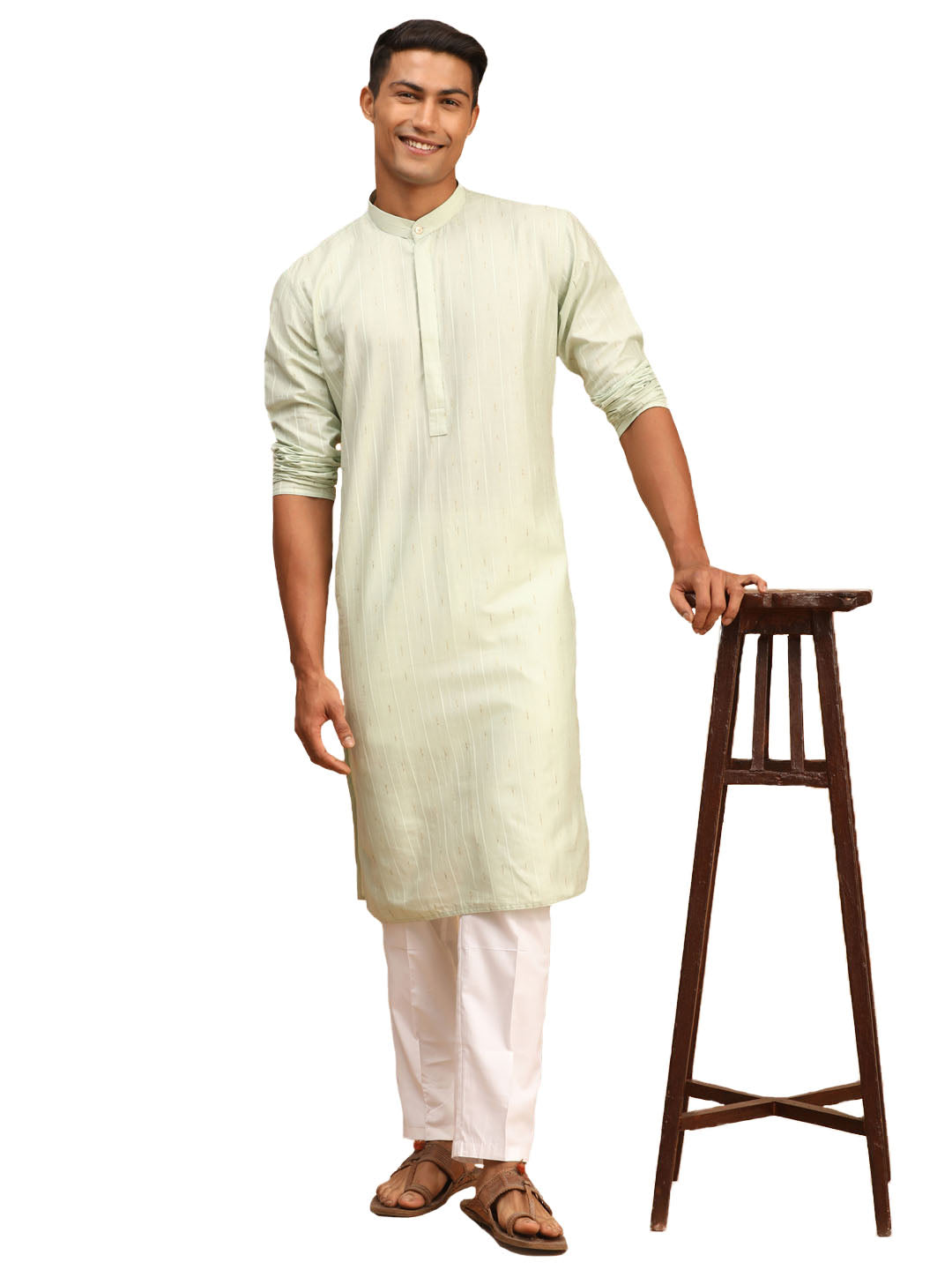 Men's Green Cotton Blend Kurta Pyjama Set - Vastramay