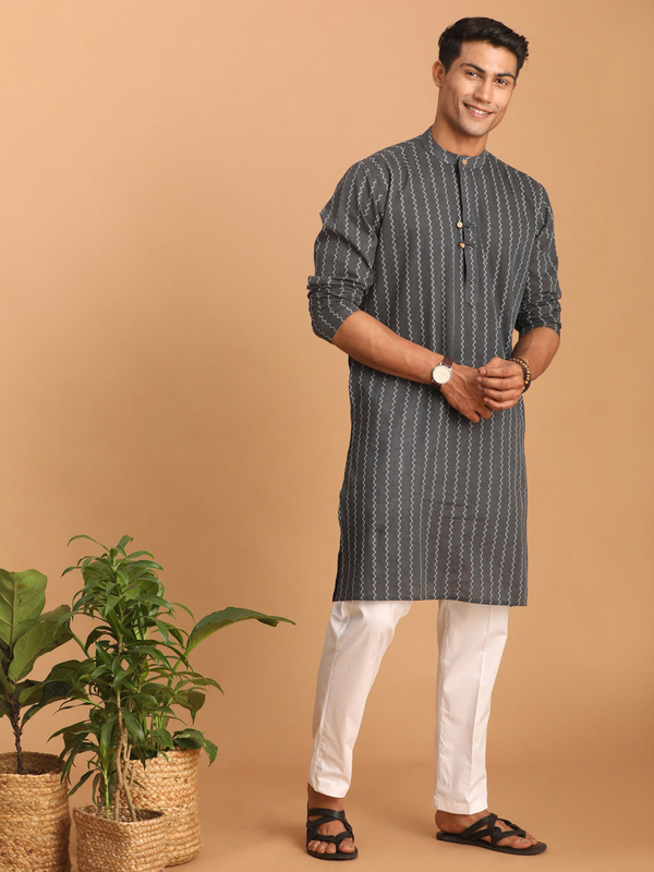 Jashvi Men's Grey jacquard Zig Zag Cotton Kurta With Pant Set