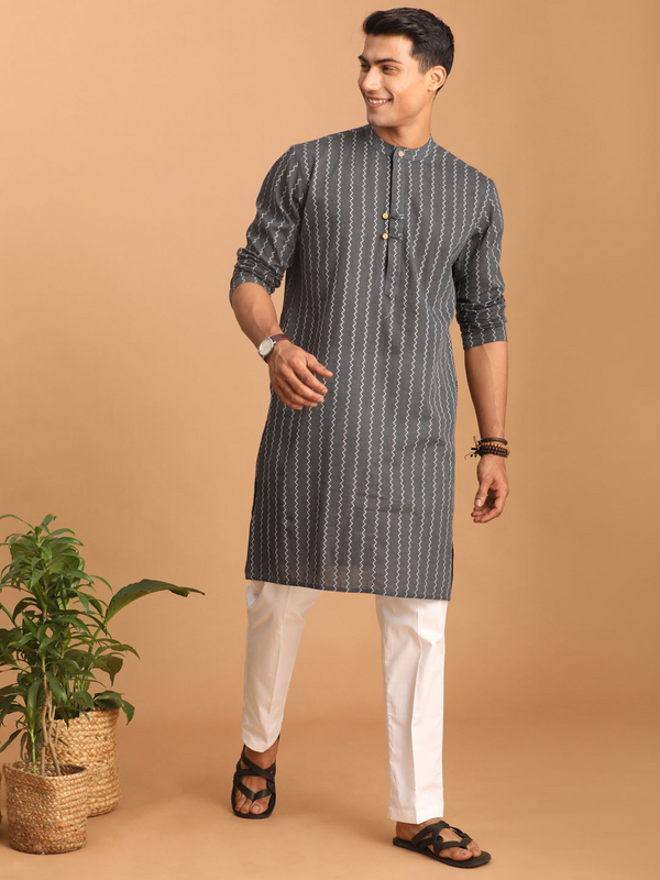 Jashvi Men's Grey jacquard Zig Zag Cotton Kurta With Pant Set