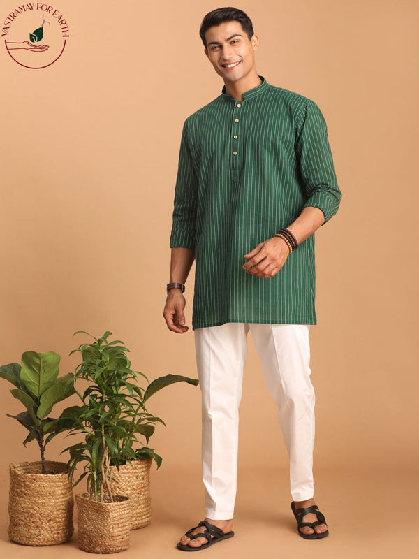 Jashvi Men's Green Striped Cotton Short Kurta With White Pant