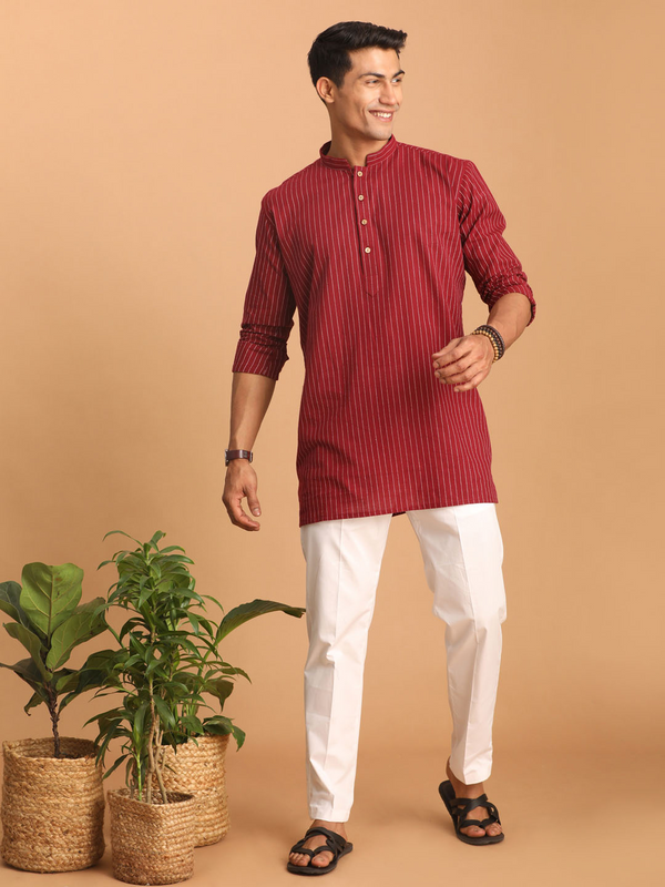 Jashvi Men's Maroon Striped Cotton Short Kurta With White Pant Set