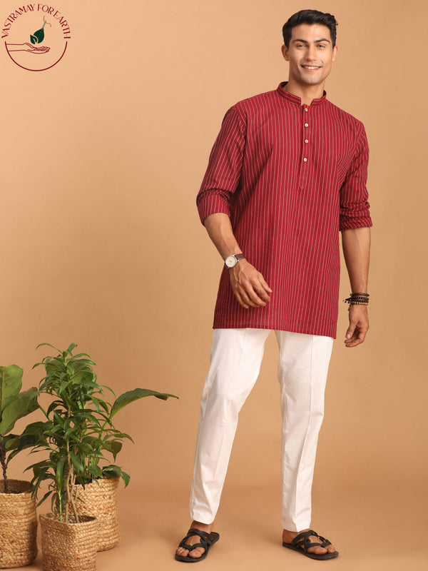 Jashvi Men's Maroon Striped Cotton Short Kurta With White Pant Set