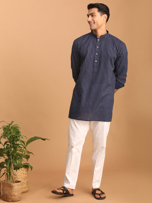 Jashvi Men's Navy Blue Striped Cotton Short Kurta With White Pant Set