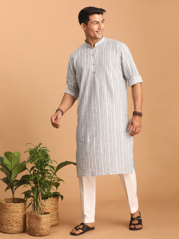 Jashvi Men's Grey And White Batik Printed Kurta with White Pant Set