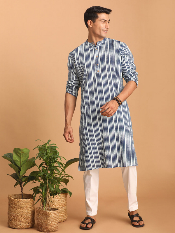 Jashvi Men's White And Blue Striped cotton Kurta with White Pant Set