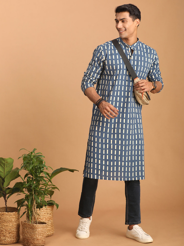 Jashvi Men's Blue Rubber Print Cotton Kurta