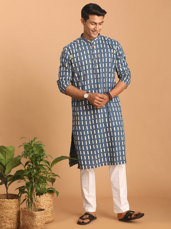 Jashvi Men's Blue Rubber Print Cotton Kurta With White Pant Set