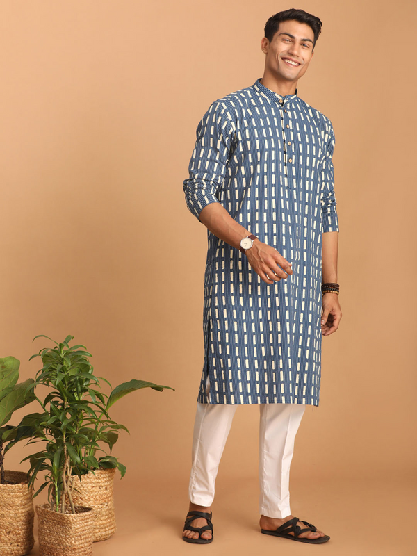 Jashvi Men's Blue Rubber Print Cotton Kurta With White Pant Set