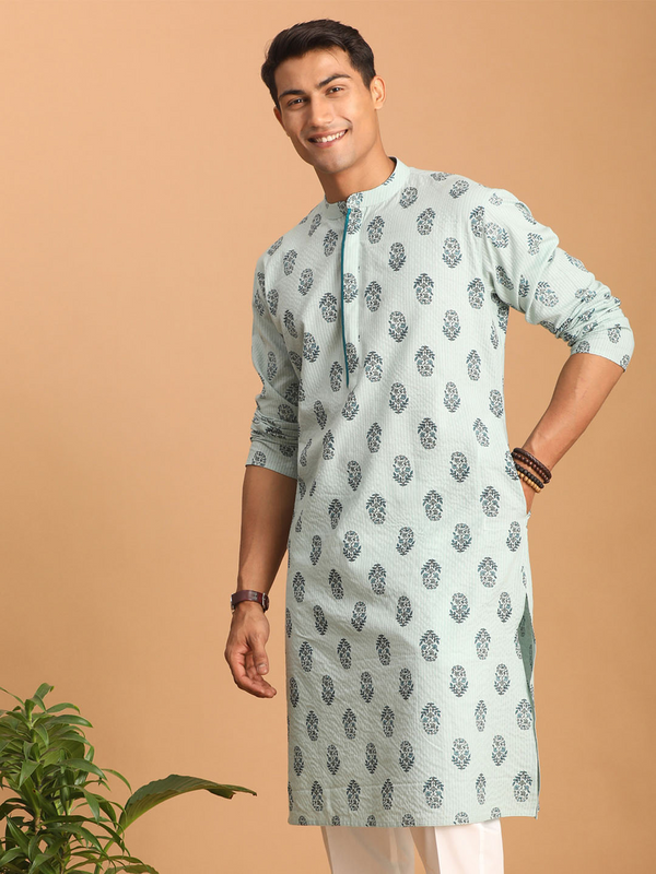 Jashvi Men's Light Green Ethnic Motif Printed Kurta