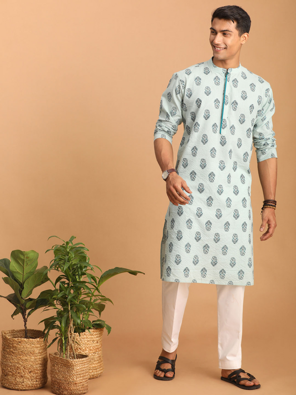 Jashvi Men's Light Green Ethnic Motif Printed Kurta with White Pant Set