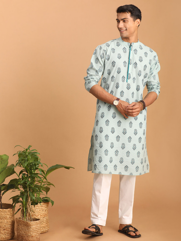 Jashvi Men's Light Green Ethnic Motif Printed Kurta with White Pant Set