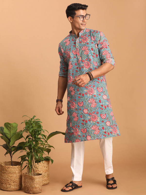 Jashvi Men's Blue And Red Floral Printed Cotton Kurta with White Pant Set