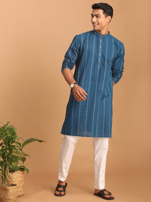 Jashvi Men's Blue denim Jacquard Kurta With White Pant Set