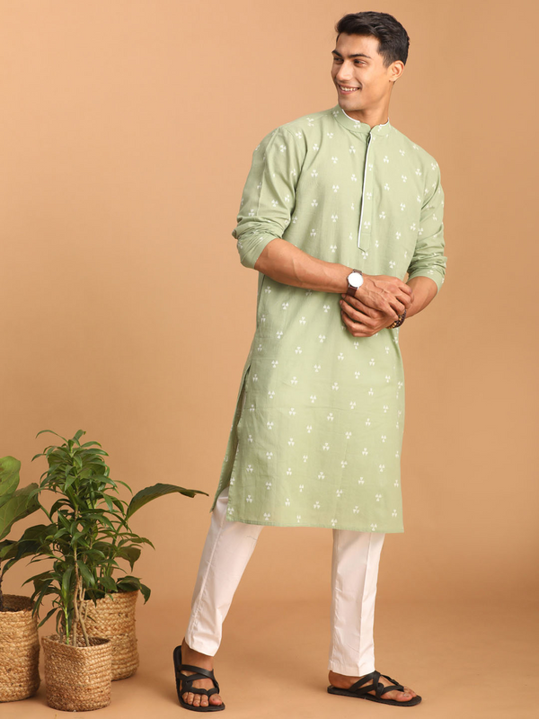 Jashvi Men's Green Geometric Booti Jacquard Kurta with White Pant Set