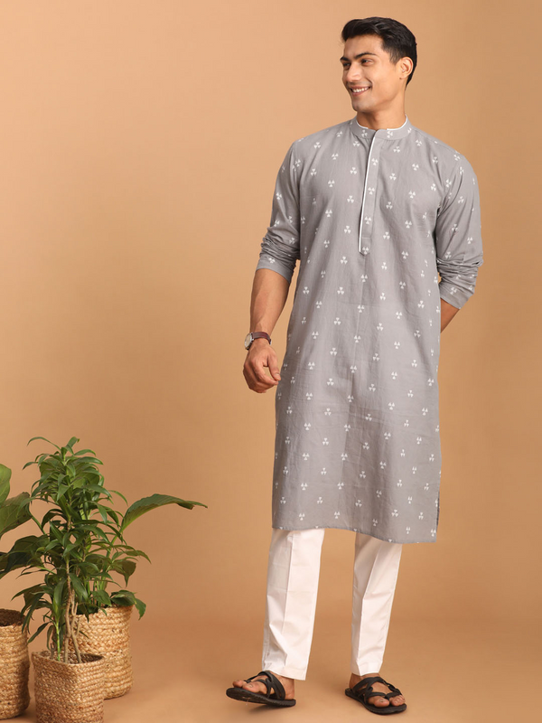 Jashvi Men's Grey Geometric Booti Jacquard Kurta with White Pant Set