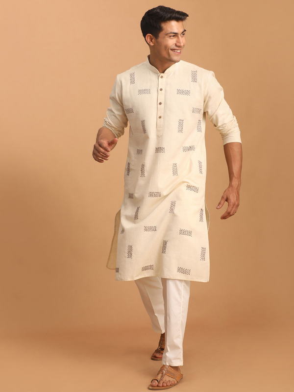 Jashvi Men's Cream Katha Stich Embroidered cotton Kurta With Cream Pant Set