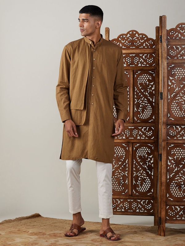 Jashvi Men's Coffee Cotton Cool Dyable Kurta with Cream Pant Set