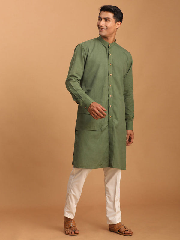 Jashvi Men's Green Cotton Cool Dyable Kurta with white Pant Set