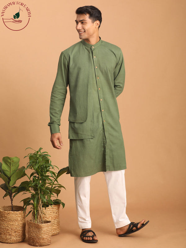 Jashvi Men's Green Cotton Cool Dyable Kurta with Cream Pant Set