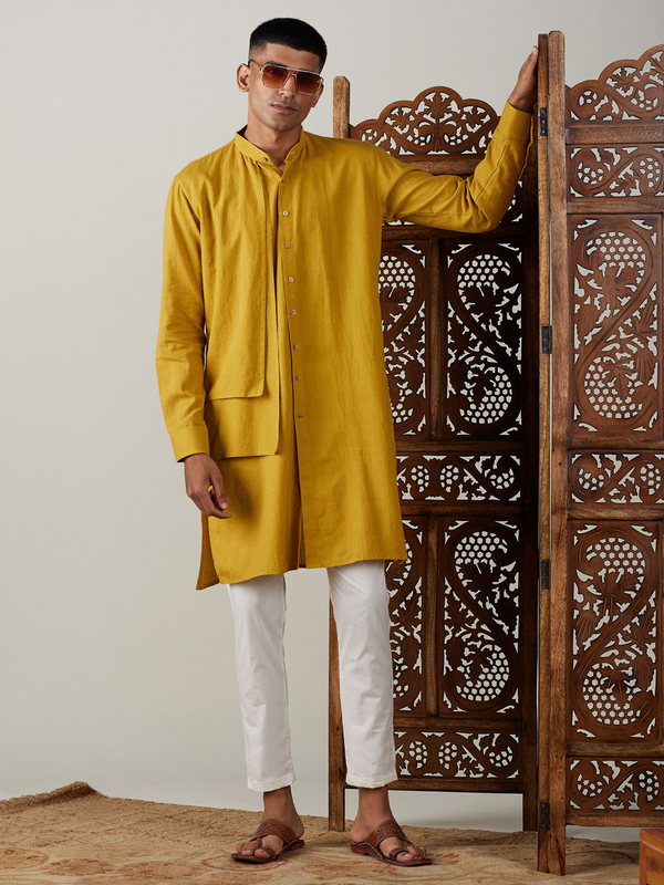 Jashvi Men's Mustard Cotton Cool Dyable Kurta with Cream Pant Set