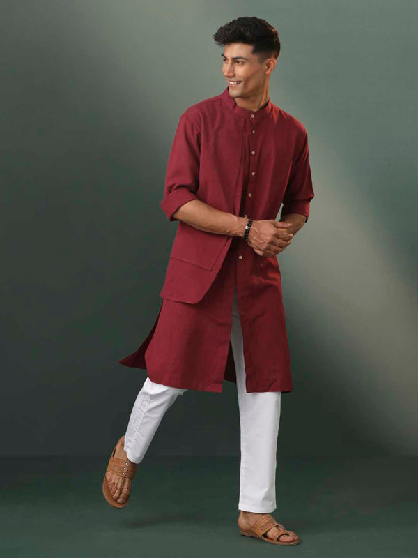 Jashvi Men's Wine Cotton Cool Dyable Kurta with white Pant Set