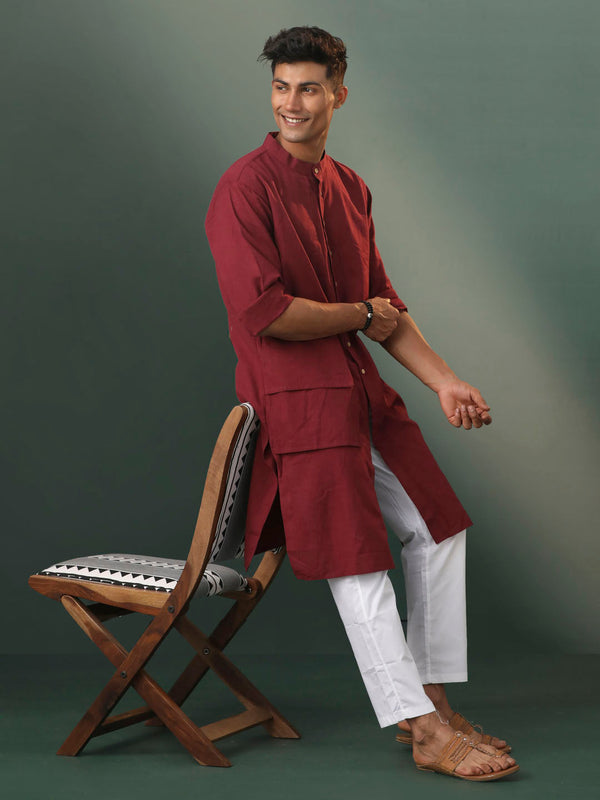 Jashvi Men's Wine Cotton Cool Dyable Kurta with white Pant Set