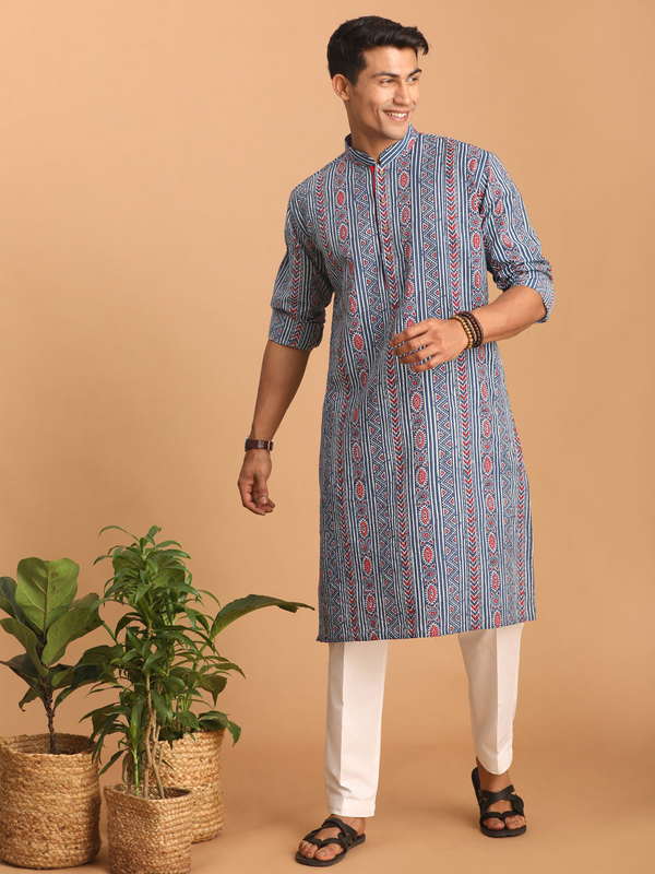 Jashvi Men's Indigo Printed cotton Kurta with White Pant set