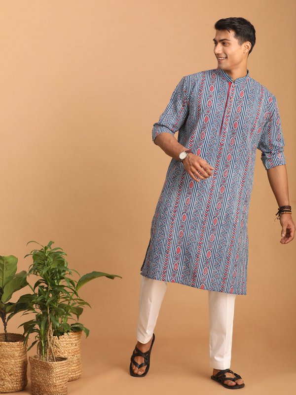 Jashvi Men's Indigo Printed cotton Kurta with White Pant set