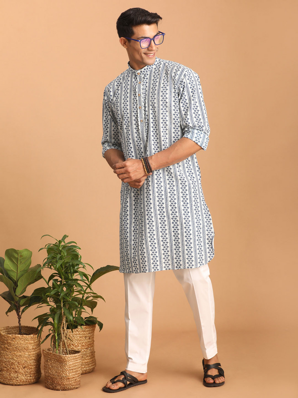 Jashvi Men's White And Blue Geometrical Striped Printed Curved Kurta with white Pant Set