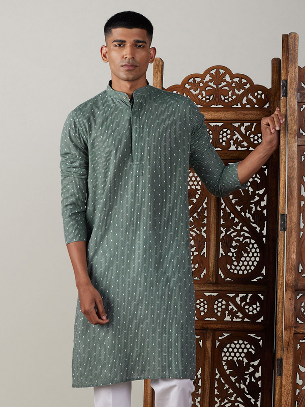 Jashvi Men's Green cotton Jacquard Kurta