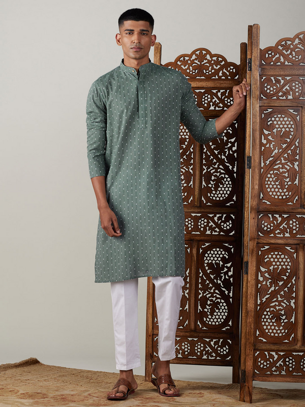 Jashvi Men's Green cotton Jacquard Kurta With White Pant Set