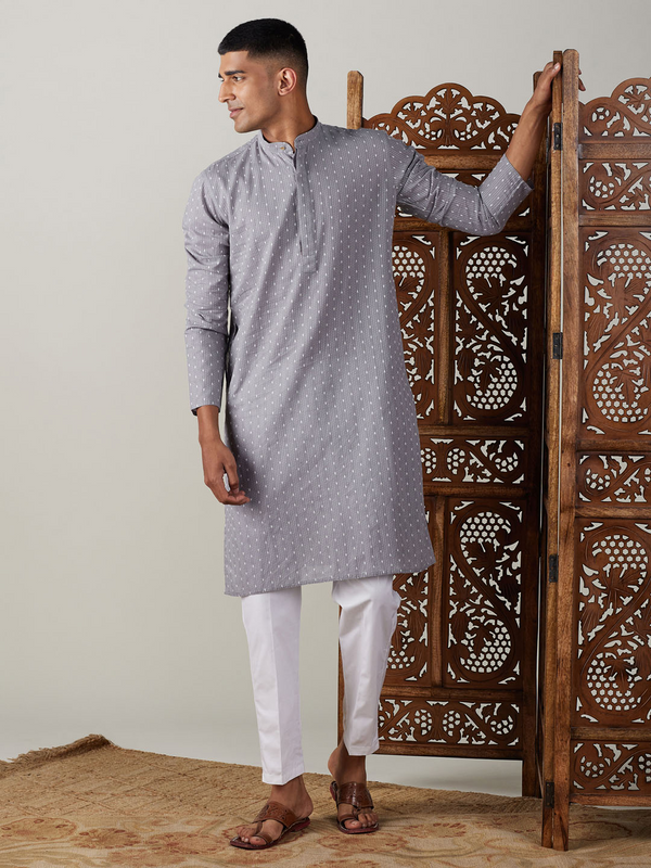 Jashvi Men's Grey cotton Jacquard Kurta With White Pant Set