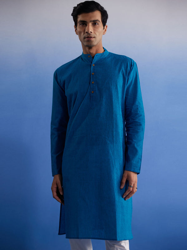 Jashvi Men's Aqua Blue Pure Cotton Handloom Kurta