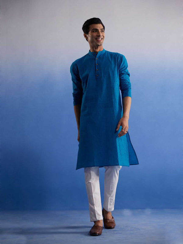 Jashvi Men's Aqua Blue Pure Cotton Handloom Kurta Pyjama Set