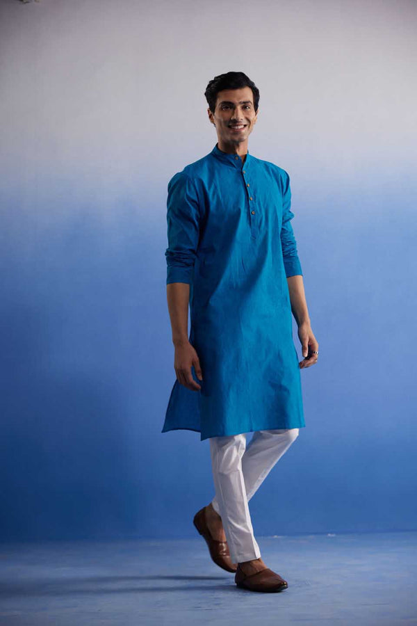 Jashvi Men's Aqua Blue Pure Cotton Handloom Kurta Pyjama Set