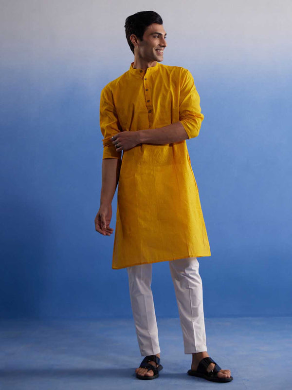 Jashvi Men's Mustard Pure Cotton Handloom Kurta Pyjama Set