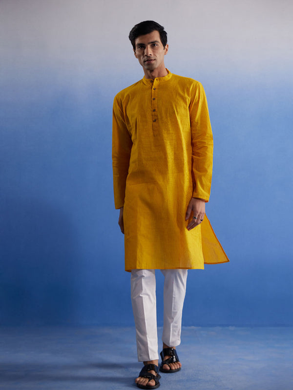 Jashvi Men's Mustard And White Pure Cotton Kurta Pyjama Set