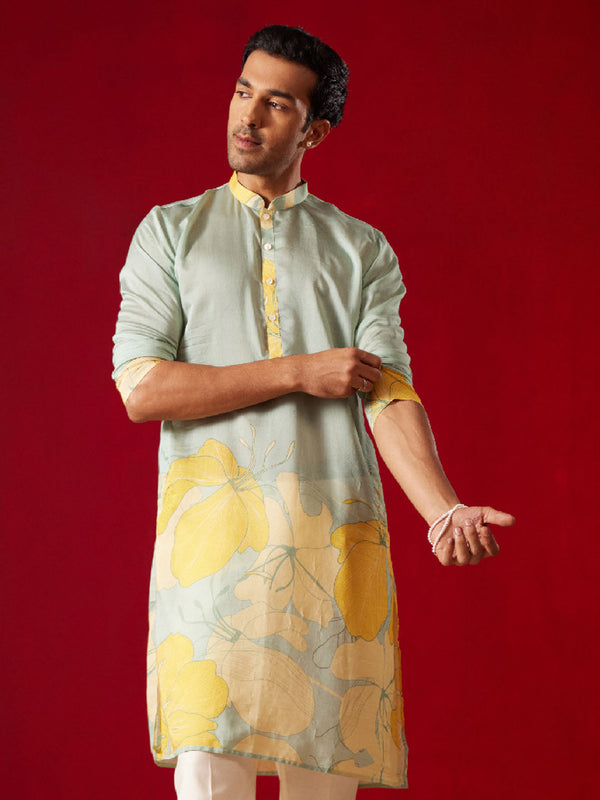 Jashvi Men's Multicolor Base Yellow cotton Printed Kurta