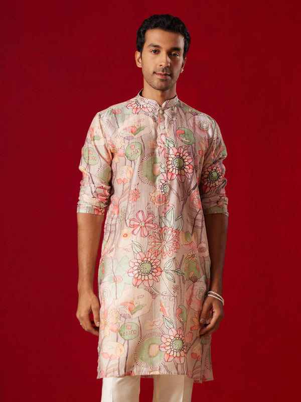 Jashvi Men's Multicolor Base Peach cotton Printed Kurta