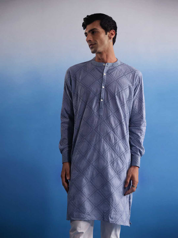 Jashvi Men's Aqua Blue Hakooba Cotton Kurta