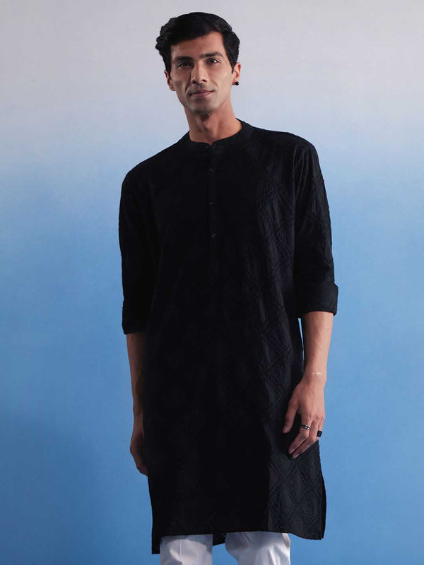 Jashvi Men's Black Hakooba Cotton Kurta