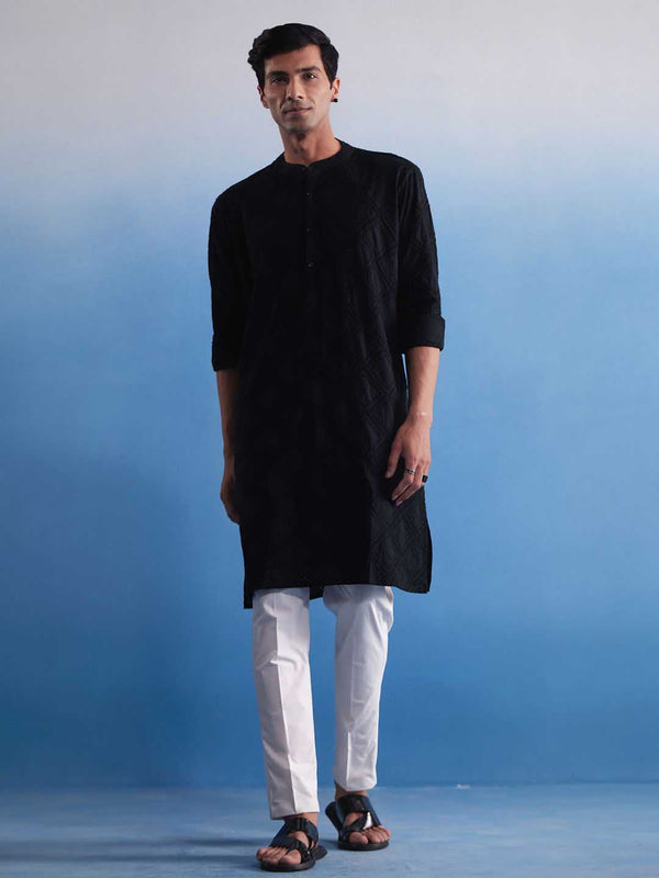 Jashvi Men's Black Hakooba Cotton Kurta With White Pant