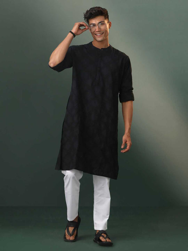 Jashvi Men's Black Hakooba Cotton Kurta With White Pant